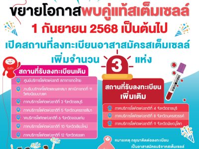ข่าวดี! 1 กันยายน 2568 ขยายพื้นที่เพิ่มโอกาสตามหาคู่แท้สเต็มเซลล์